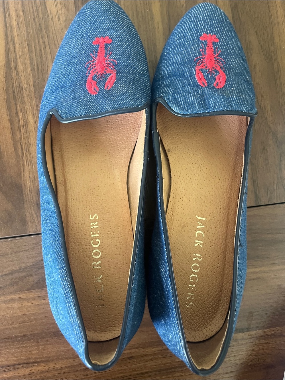 Jack Rogers Blue Denim Flats with Red Lobster Embroidery